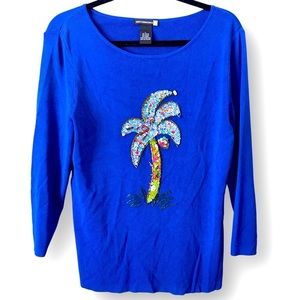 Fabulous Sweaterworks Cobalt Blue silky sweater with Sequin Palm tree on front L